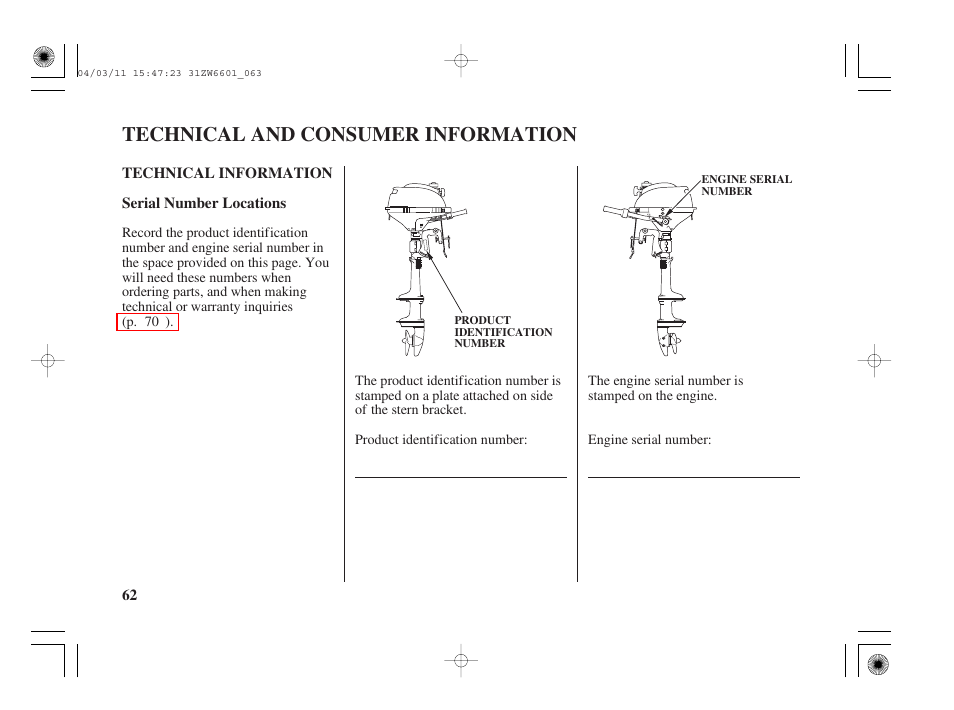 Technical and consumer information, Technical information, Serial number locations | HONDA Outboard Motor BF2D User Manual | Page 64 / 83