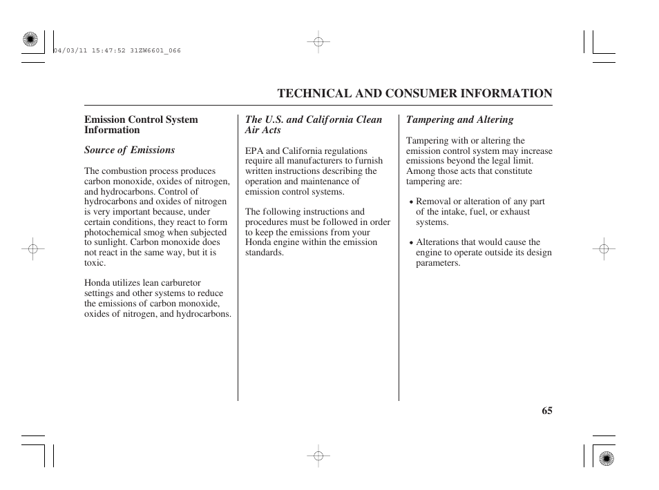 Emission control system information | HONDA Outboard Motor BF2D User Manual | Page 67 / 83