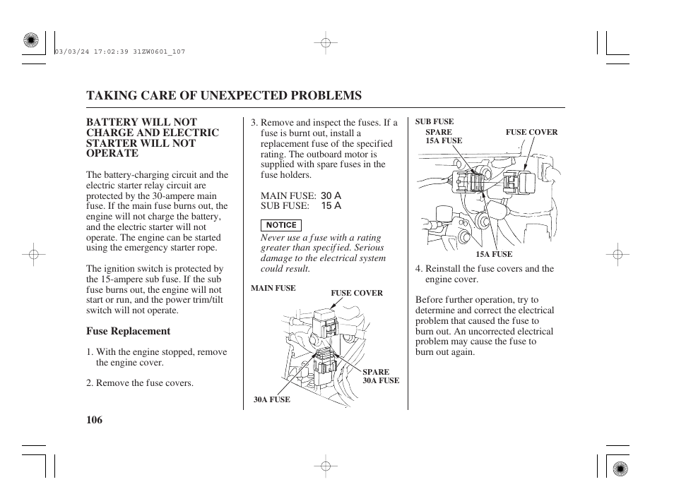Battery will not charge, Taking care of unexpected problems | HONDA Outboard Motor BF90A User Manual | Page 108 / 130