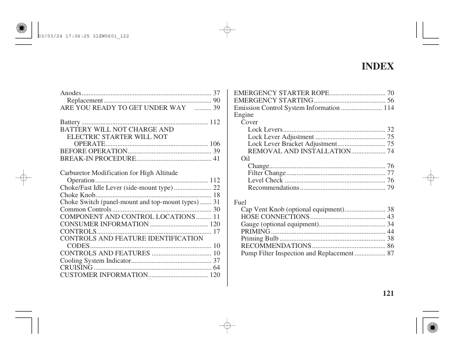 Index | HONDA Outboard Motor BF90A User Manual | Page 123 / 130