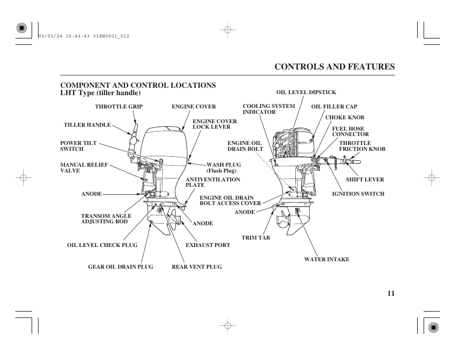 Component and control locations, Controls and features | HONDA Outboard Motor BF90A User Manual | Page 13 / 130