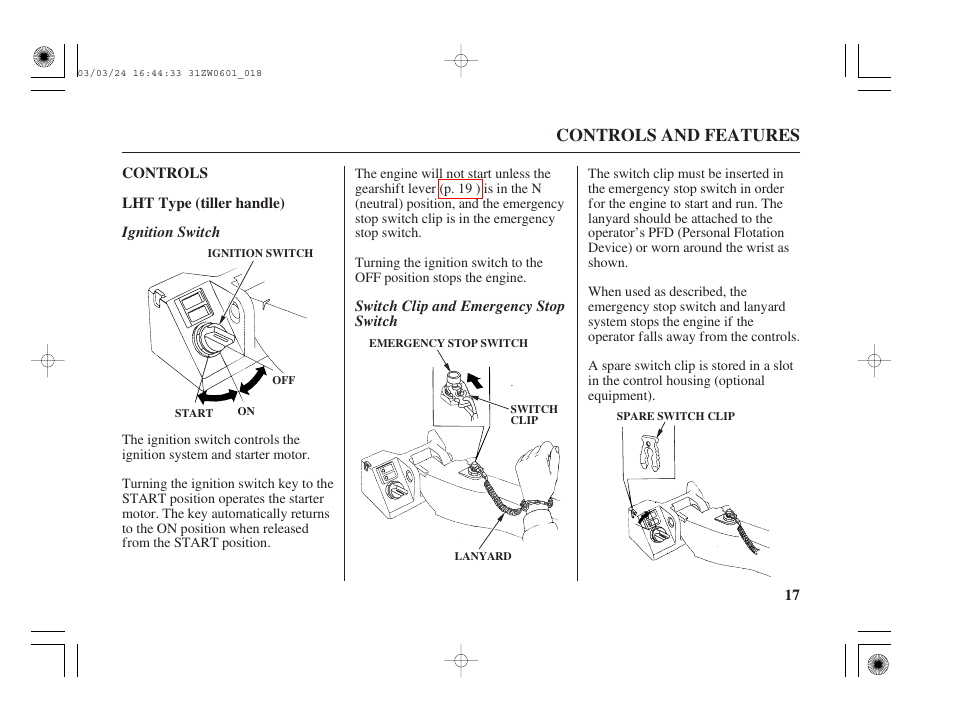 Controls, Controls and features | HONDA Outboard Motor BF90A User Manual | Page 19 / 130