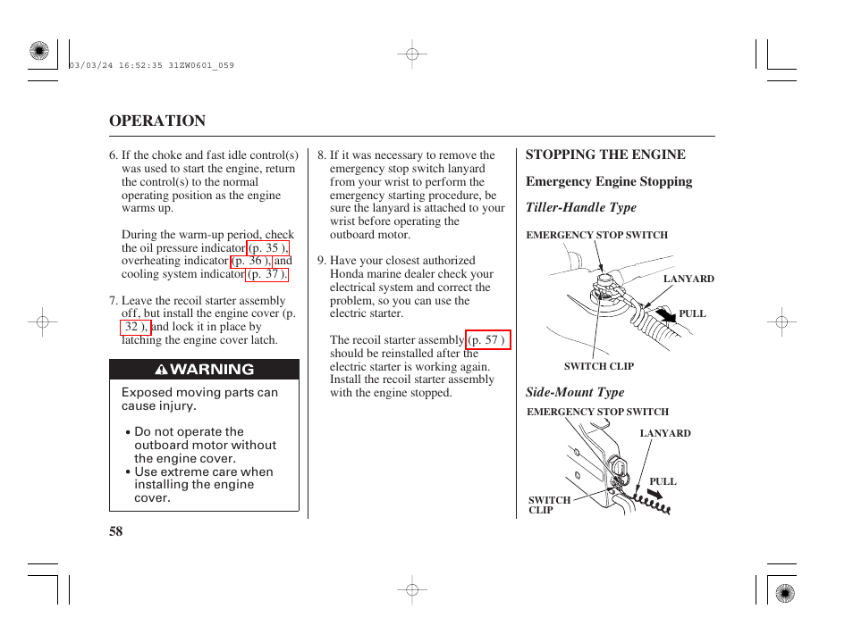 Stopping the engine, Operation | HONDA Outboard Motor BF90A User Manual | Page 60 / 130