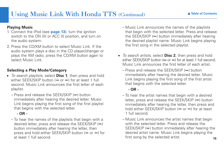 Using music link with honda tts | HONDA S2000 User Manual | Page 15 / 21