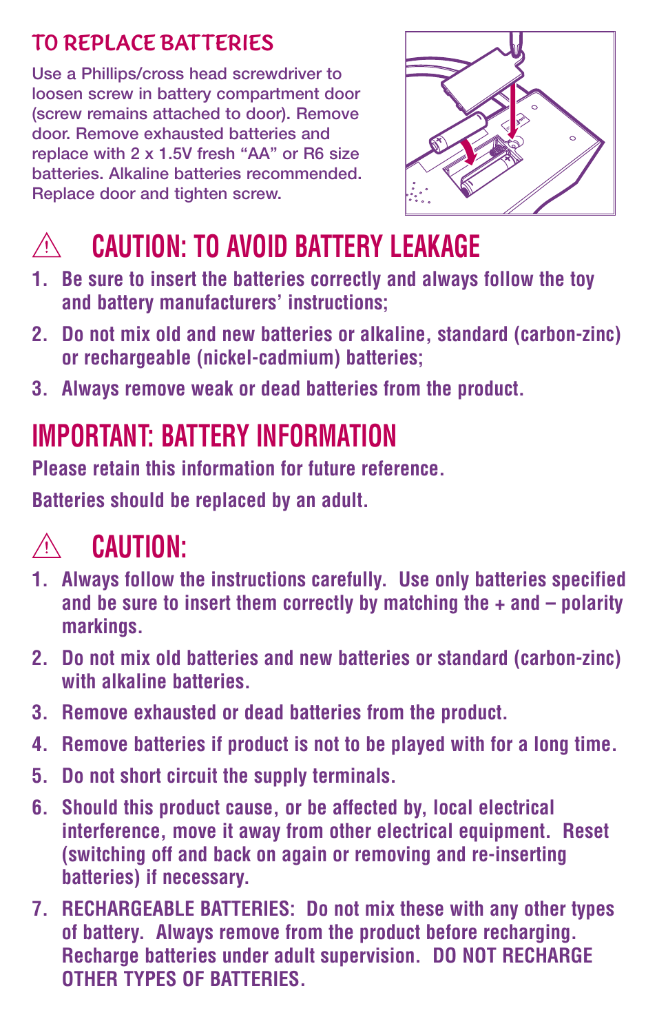 Caution: to avoid battery leakage, Important: battery information, Caution | Hasbro Musical Wishes Jewelry Box with Skywishes 60598 User Manual | Page 3 / 4