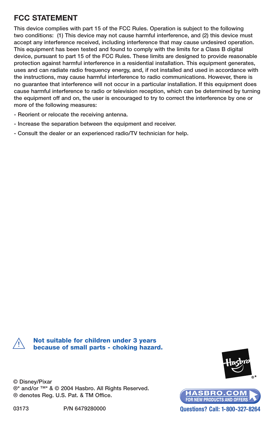 Fcc statement | Hasbro Buzz Lightyears Electronic Spaceship 03173 User Manual | Page 4 / 4