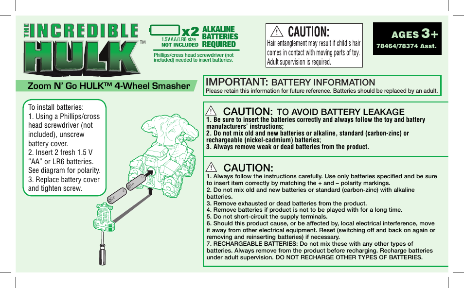 Hasbro Zoom N' Go Hulk 4-Wheel Smasher 78464/78374 User Manual | 2 pages