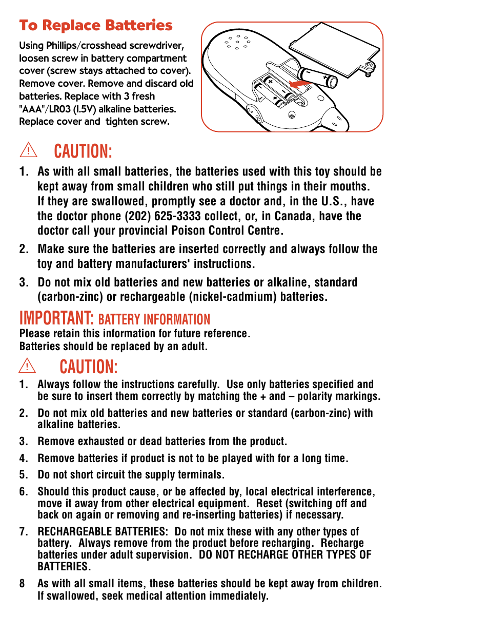 Caution, Important, Battery information | Hasbro 00250 User Manual | Page 3 / 4