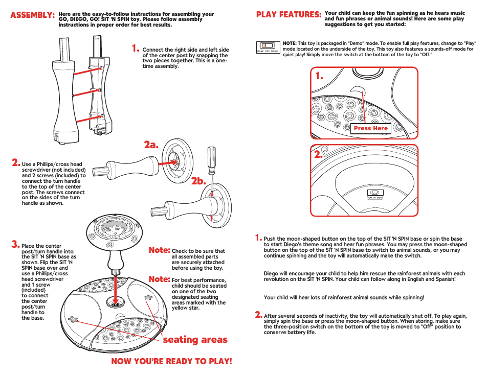 2a. 2b, Seating areas, Assembly | Play features | Hasbro Sit 'n Spin 34849/34676 User Manual | Page 2 / 2