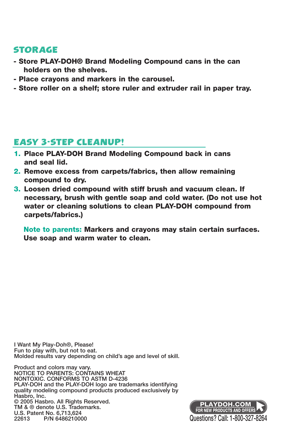 Easy 3-step cleanup, Storage | Hasbro PlayDoh Creativity Table 22613 User Manual | Page 4 / 4