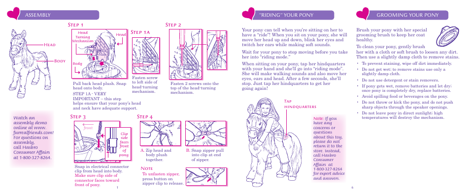 Step 1, Step 2, Step 3 | Step 4, Step 1a, Assembly, Riding” your pony, Grooming your pony | Hasbro FurReal Friends Butterscotch Pony 76471 User Manual | Page 2 / 4