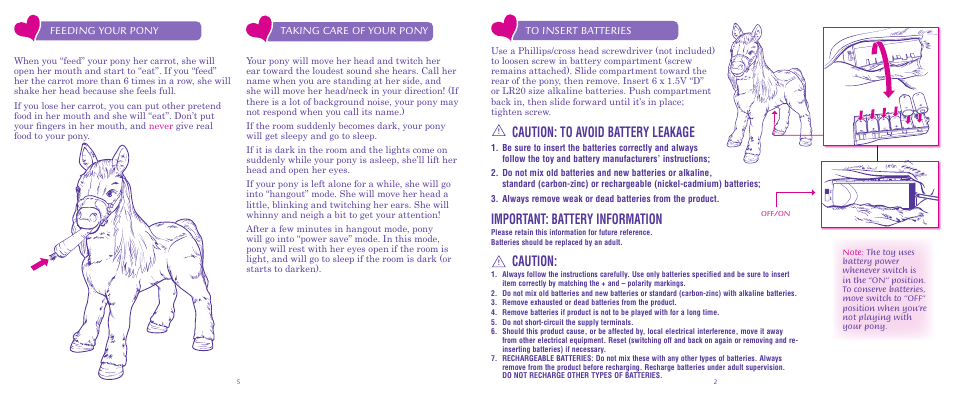 Caution: to avoid battery leakage, Important: battery information, Caution | Hasbro FurReal Friends Butterscotch Pony 76471 User Manual | Page 3 / 4