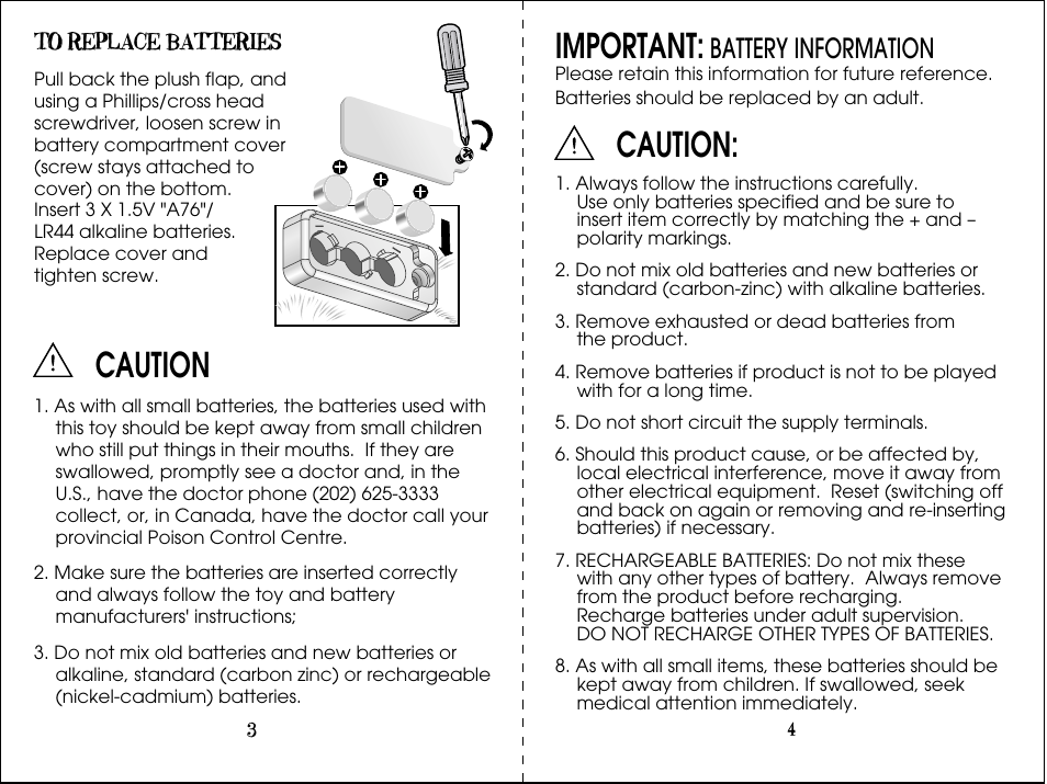 Important, Caution, Battery information | Hasbro Pup Pourri Barking Puppy 72475 User Manual | Page 3 / 4