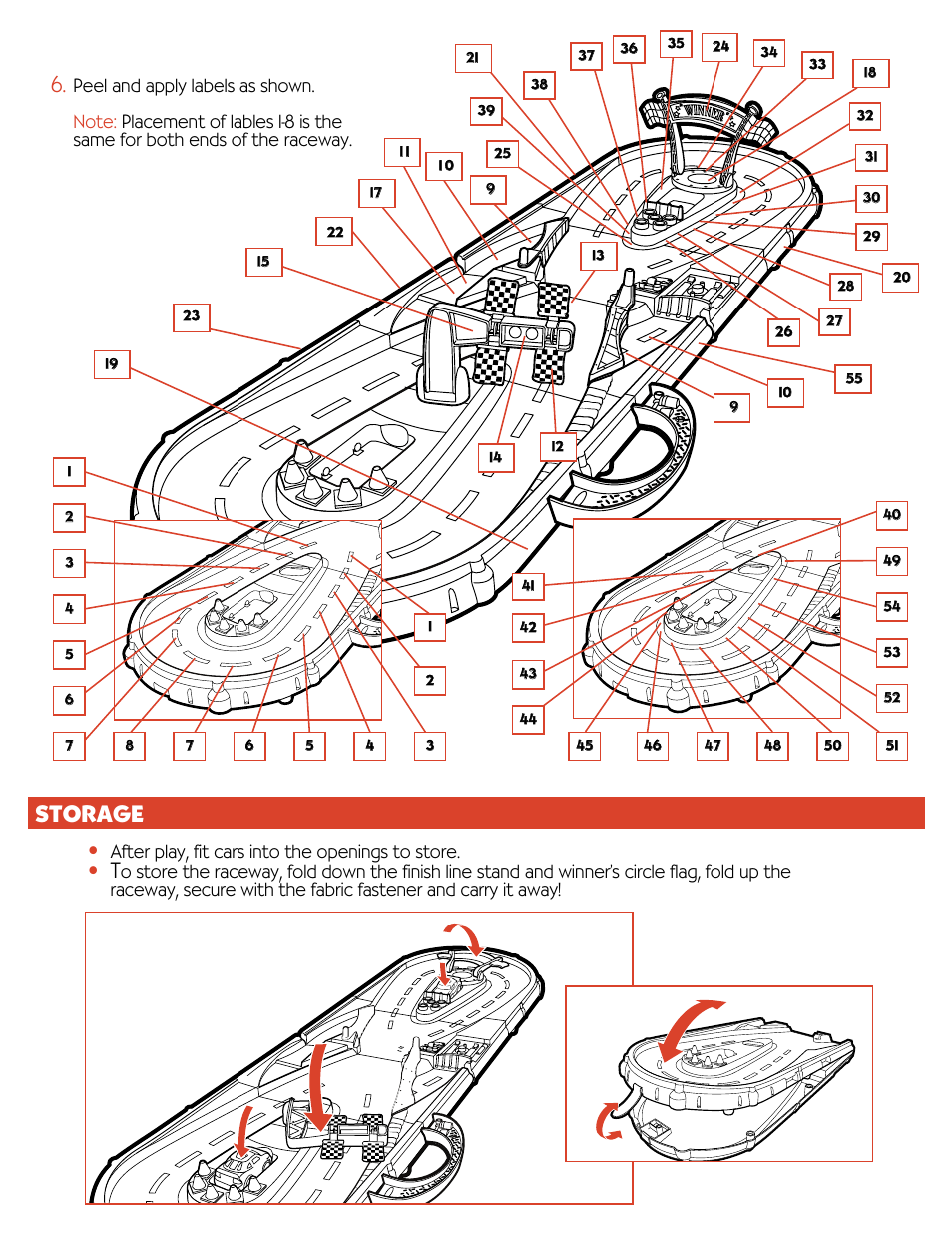 Storage, After play, fit cars into the openings to store | Hasbro Speedstars Maximum Thrills Raceway 06707 User Manual | Page 3 / 4