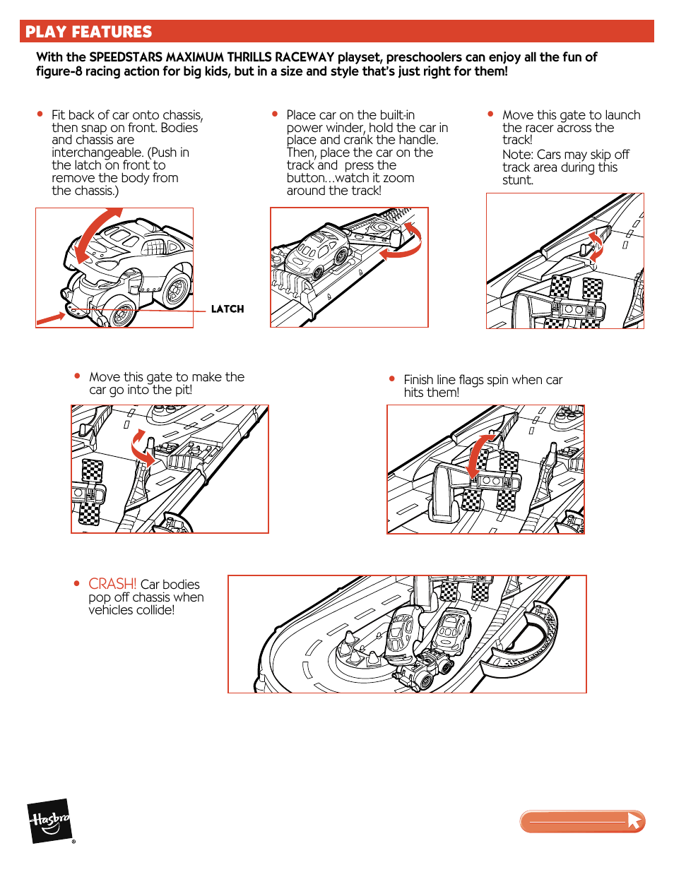 Play features, Crash | Hasbro Speedstars Maximum Thrills Raceway 06707 User Manual | Page 4 / 4