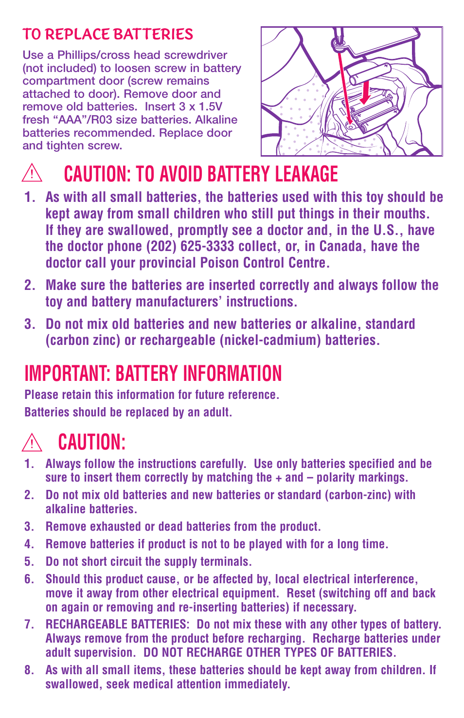 Caution: to avoid battery leakage, Important: battery information, Caution | Hasbro Bedtime Blessings with Bright Night 23732 User Manual | Page 2 / 2