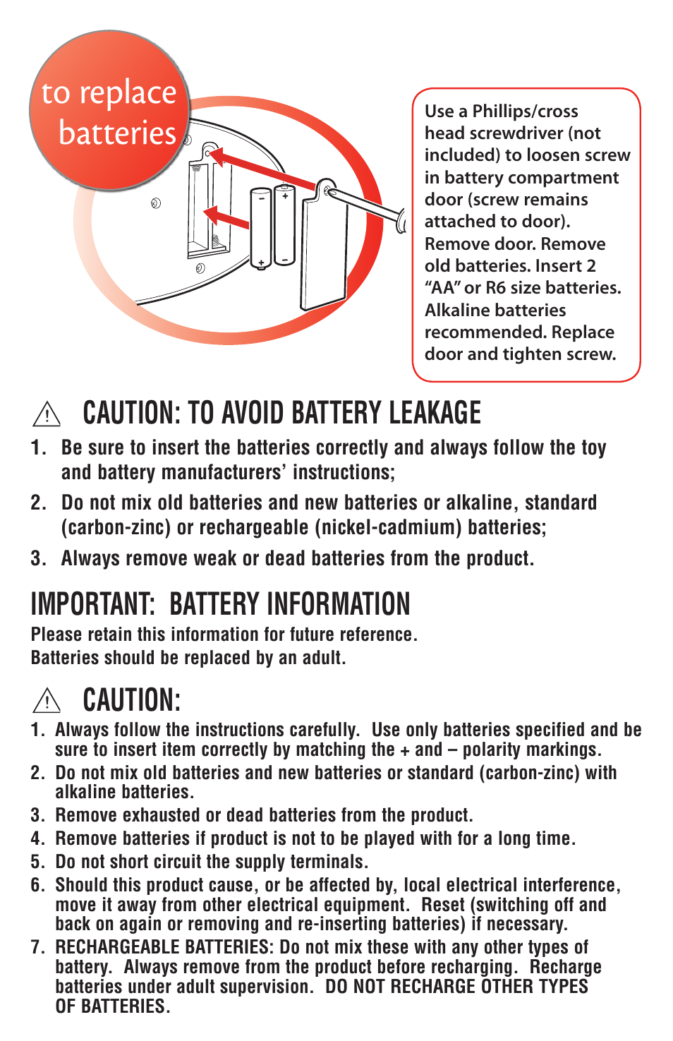 Important: battery information, Caution, Caution: to avoid battery leakage | Hasbro Playskool Busy Pop-n-Hide Monkey 09372 User Manual | Page 3 / 4