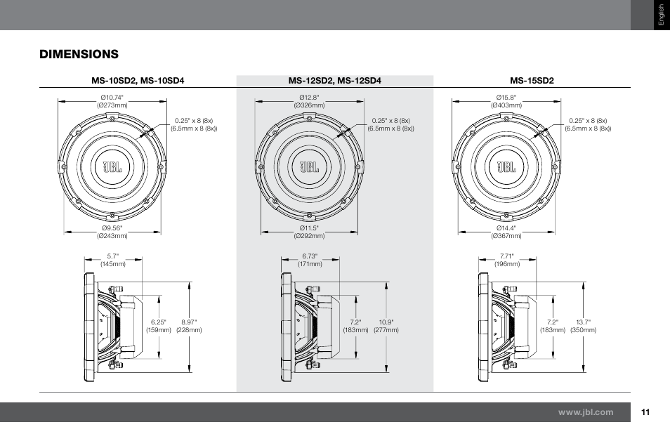 Dimensions | Harman JBL MS-15SD2 User Manual | Page 11 / 12
