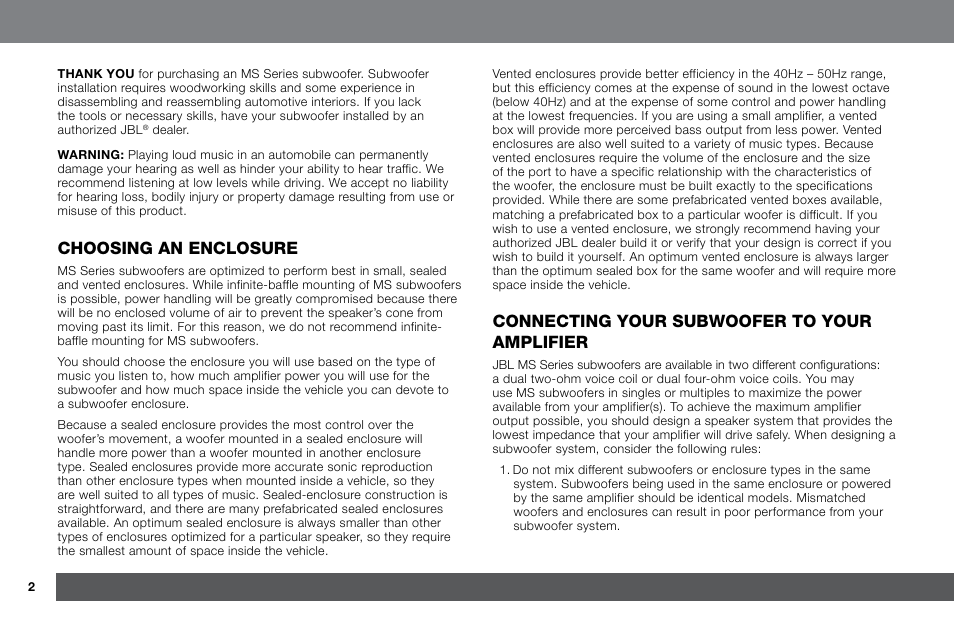 Choosing an enclosure, Connecting your subwoofer to your amplifier | Harman JBL MS-15SD2 User Manual | Page 2 / 12