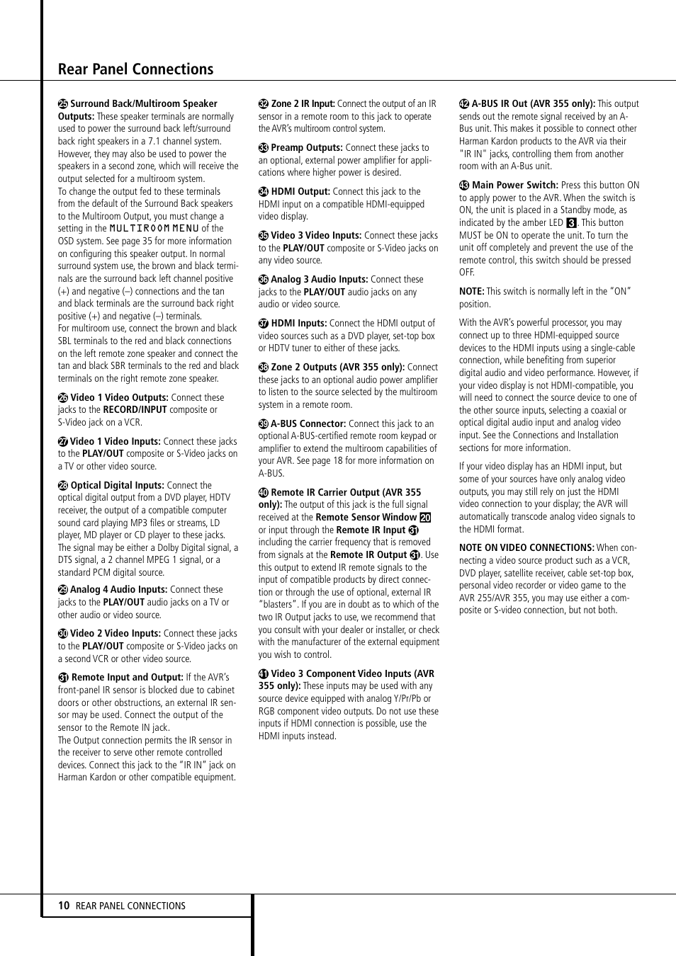 Rear panel connections | Harman-Kardon AVR 355 User Manual | Page 10 / 58