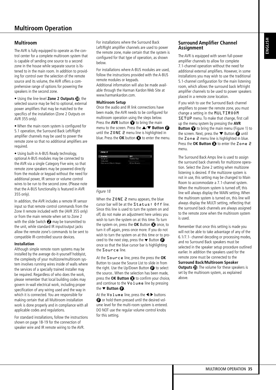 Multiroom operation, Multiroom, Surround amplifier channel assignment | Harman-Kardon AVR 355 User Manual | Page 35 / 58