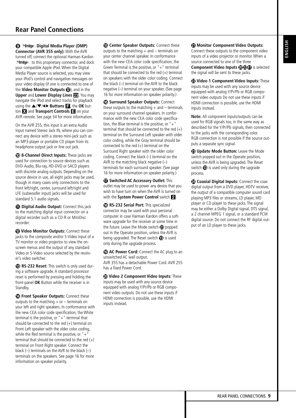 Rear panel connections | Harman-Kardon AVR 355 User Manual | Page 9 / 58