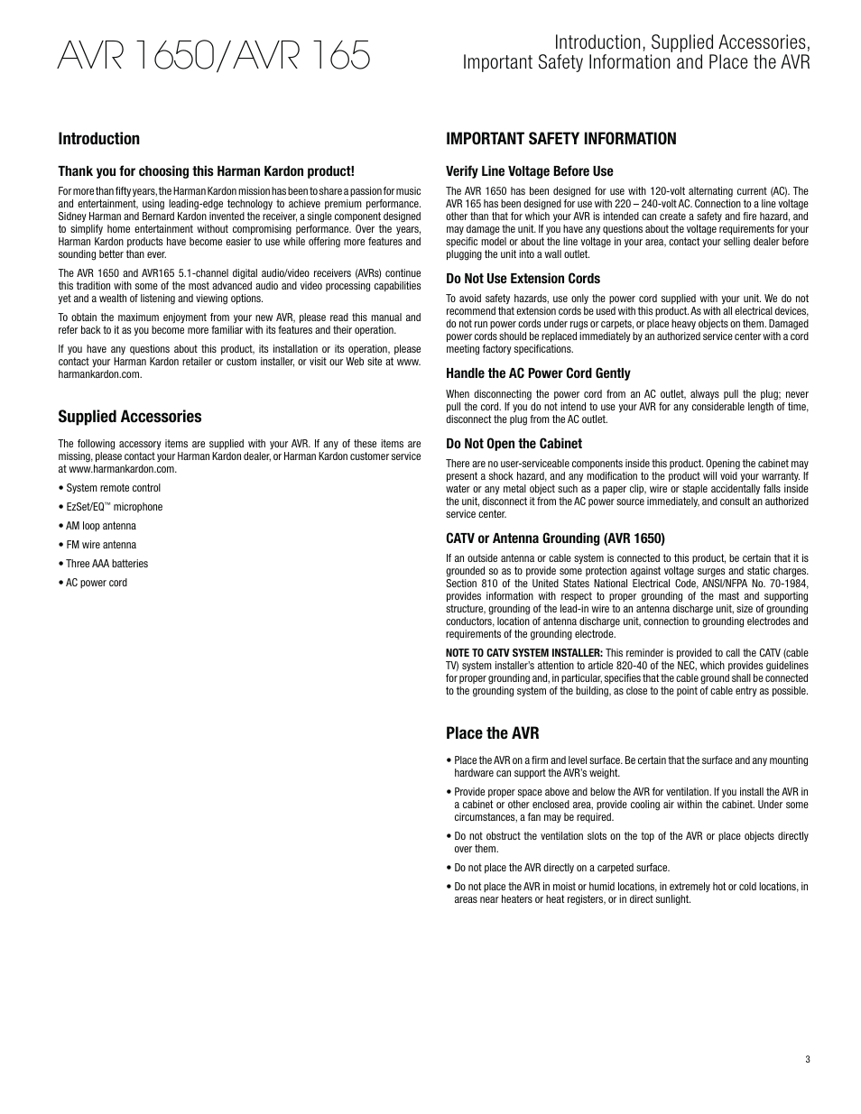 Introduction, Supplied accessories, Important safety information | Place the avr | Harman-Kardon AVR 1650 User Manual | Page 3 / 42