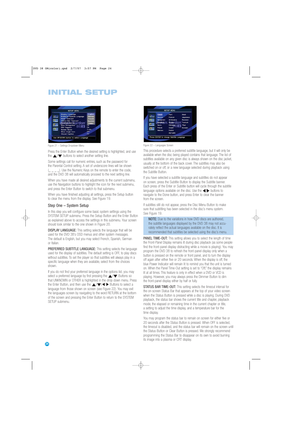 Initial setup | Harman-Kardon DVD 38 User Manual | Page 24 / 52