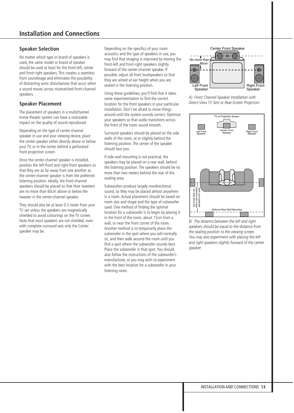 Installation and connections, Speaker selection, Speaker placement | Harman-Kardon AVR1550 User Manual | Page 13 / 30