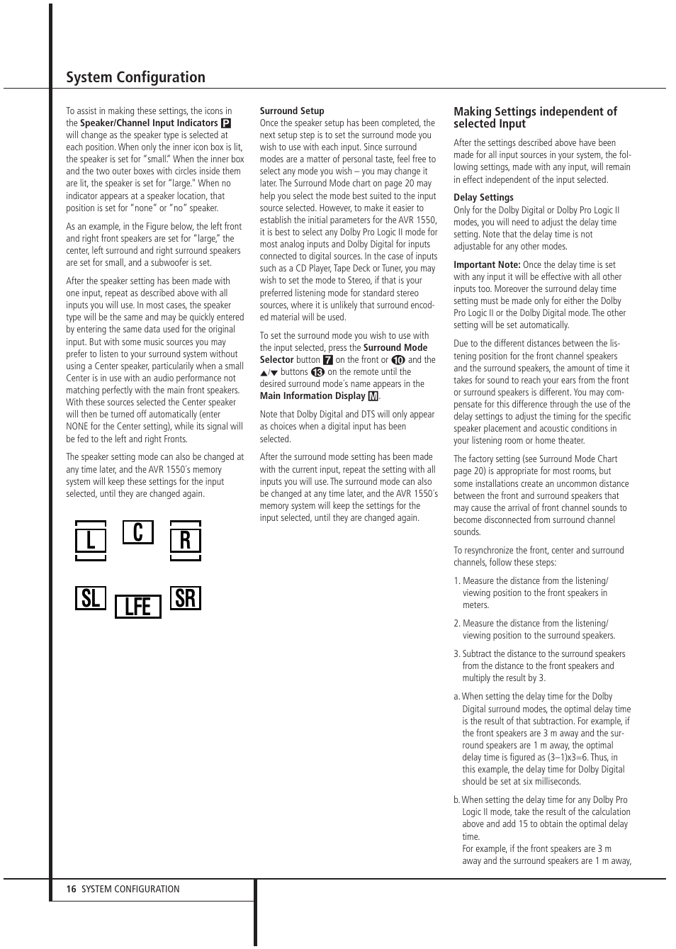 Lr c sl sr lfe, System configuration | Harman-Kardon AVR1550 User Manual | Page 16 / 30