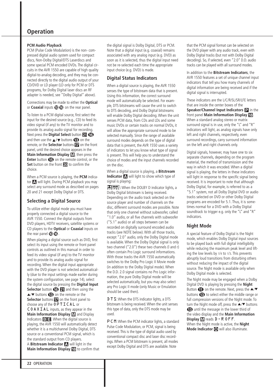 Operation, Selecting a digital source, Digital status indicators | Night mode | Harman-Kardon AVR1550 User Manual | Page 22 / 30