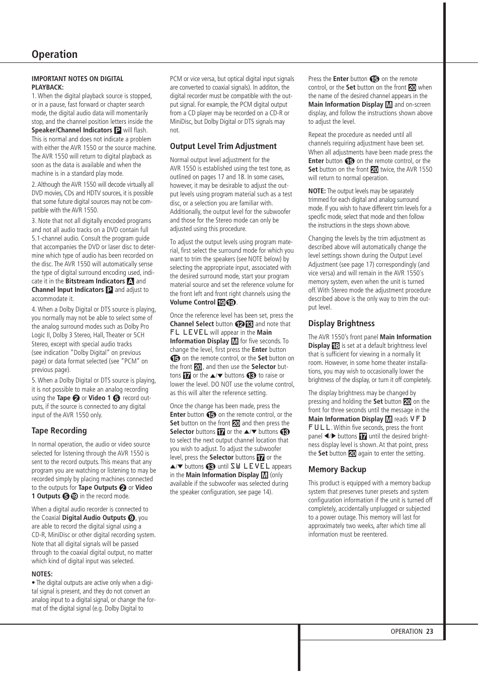 Operation, Tape recording, Output level trim adjustment | Display brightness | Harman-Kardon AVR1550 User Manual | Page 23 / 30