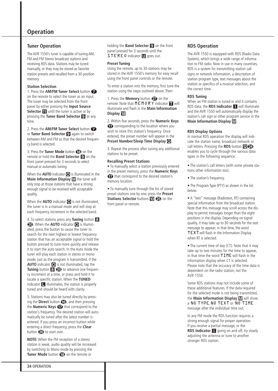 Operation | Harman-Kardon AVR1550 User Manual | Page 24 / 30