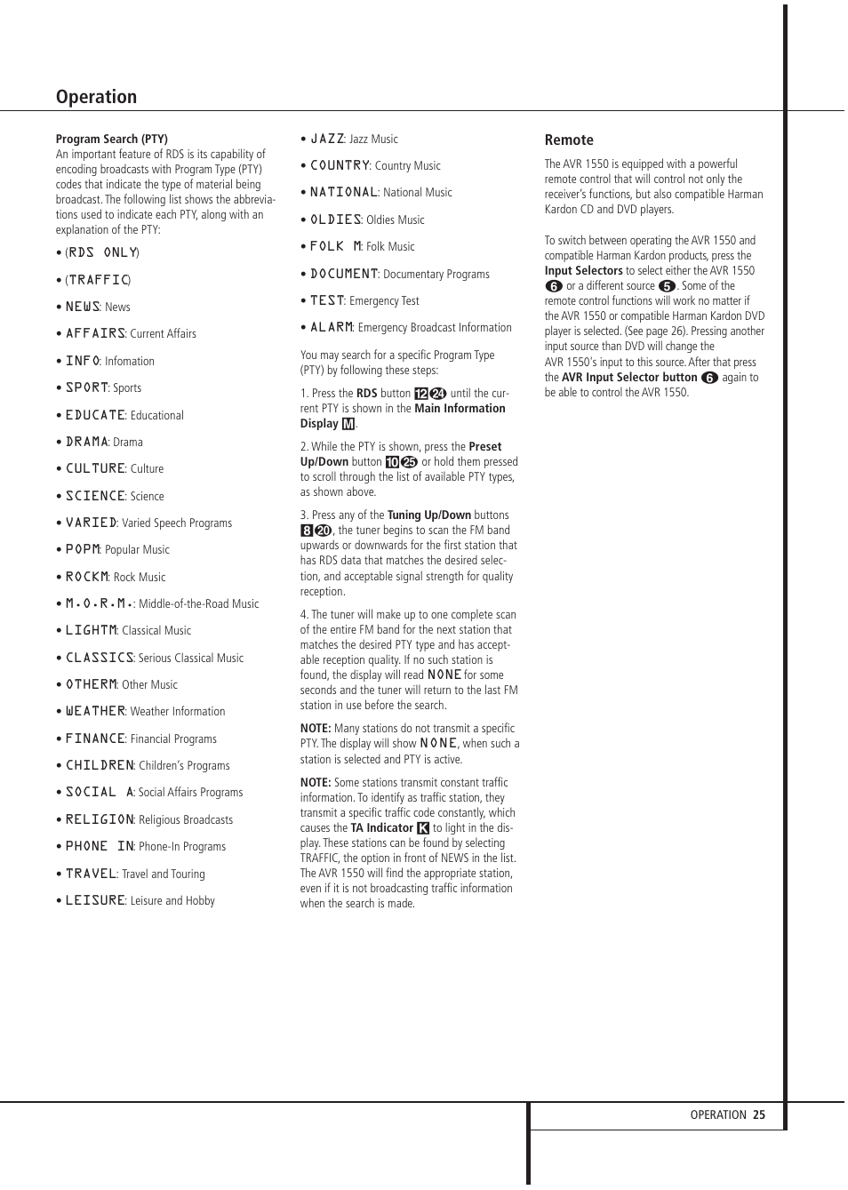 Operation | Harman-Kardon AVR1550 User Manual | Page 25 / 30