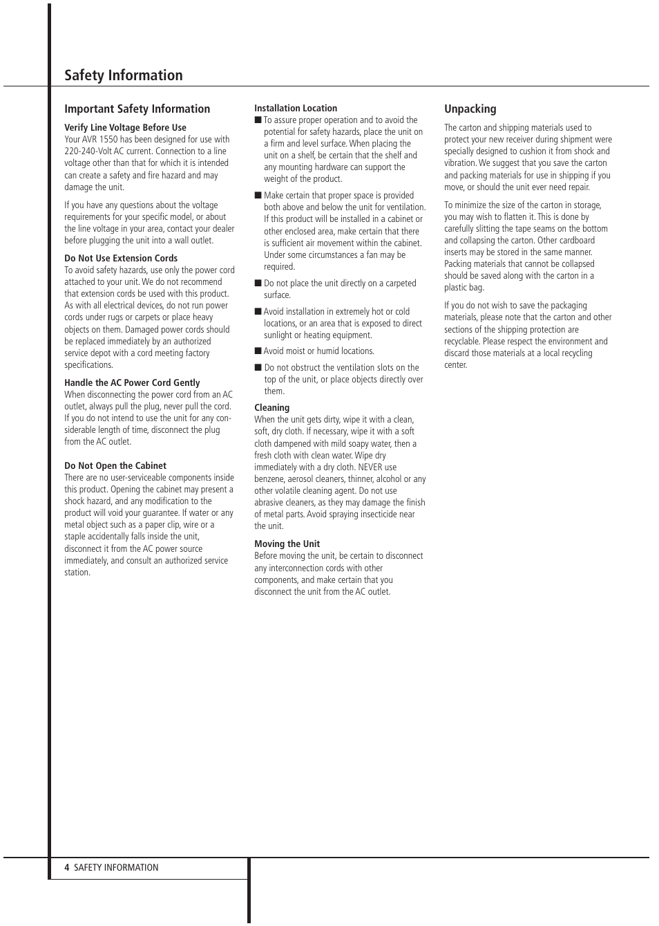 Safety information | Harman-Kardon AVR1550 User Manual | Page 4 / 30