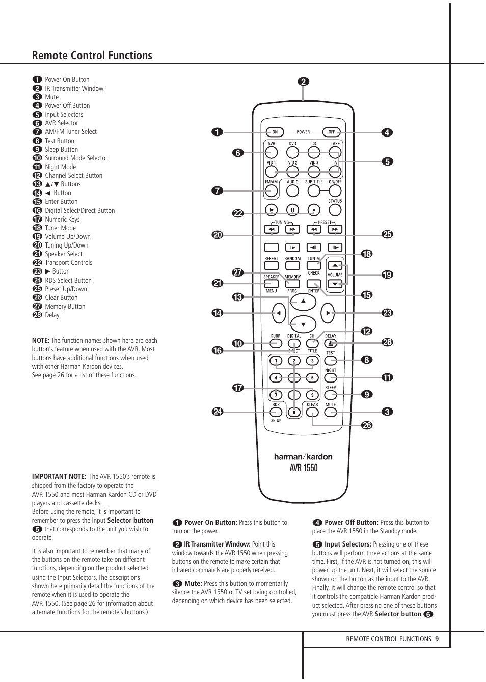 Remote control functions, Avr 1550 | Harman-Kardon AVR1550 User Manual | Page 9 / 30