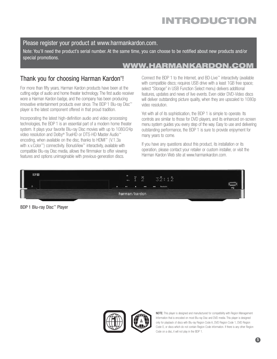 Introduction | Harman-Kardon BDP 1 User Manual | Page 5 / 33