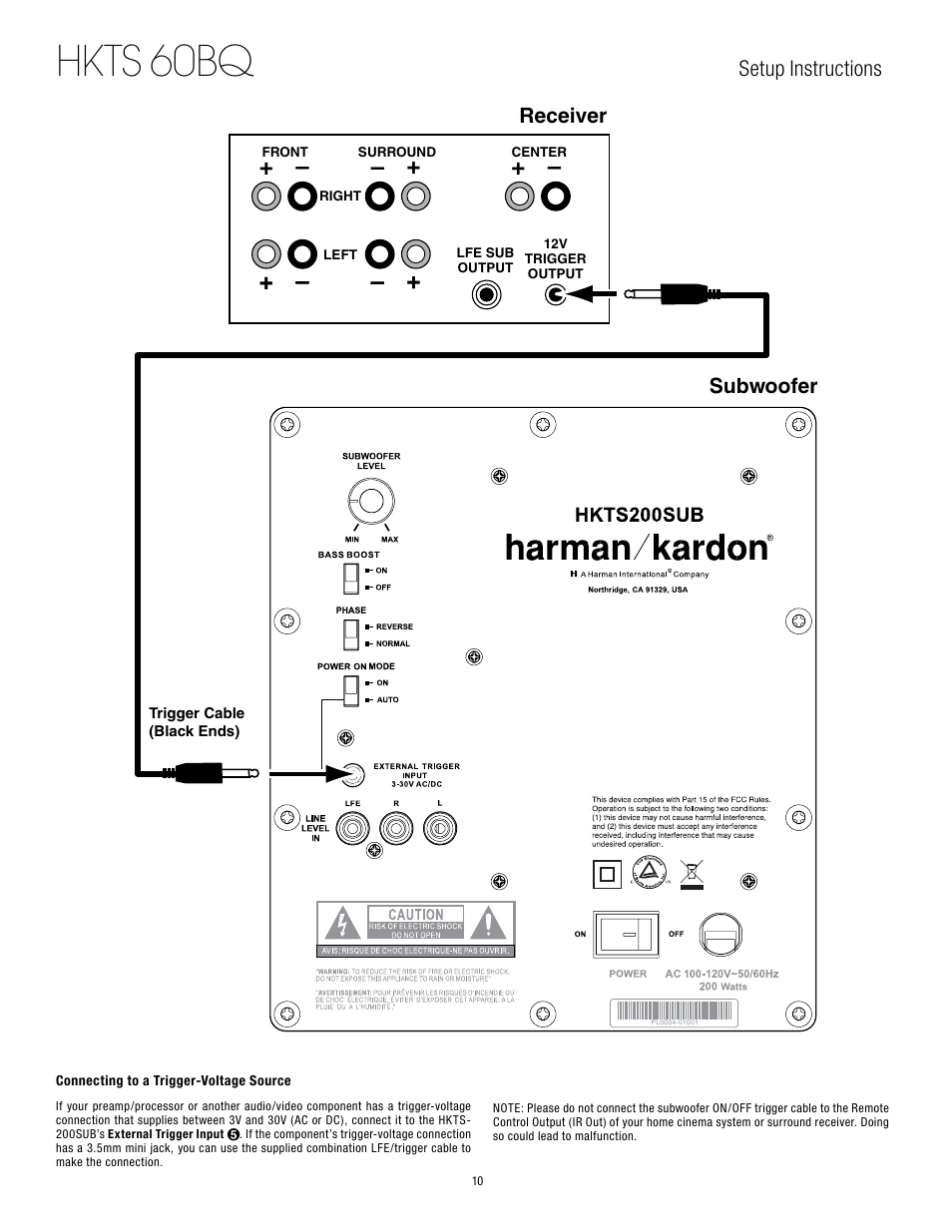 Hkts 60bq, Subwoofer receiver, Setup instructions | Harman-Kardon 60BQ User Manual | Page 10 / 14