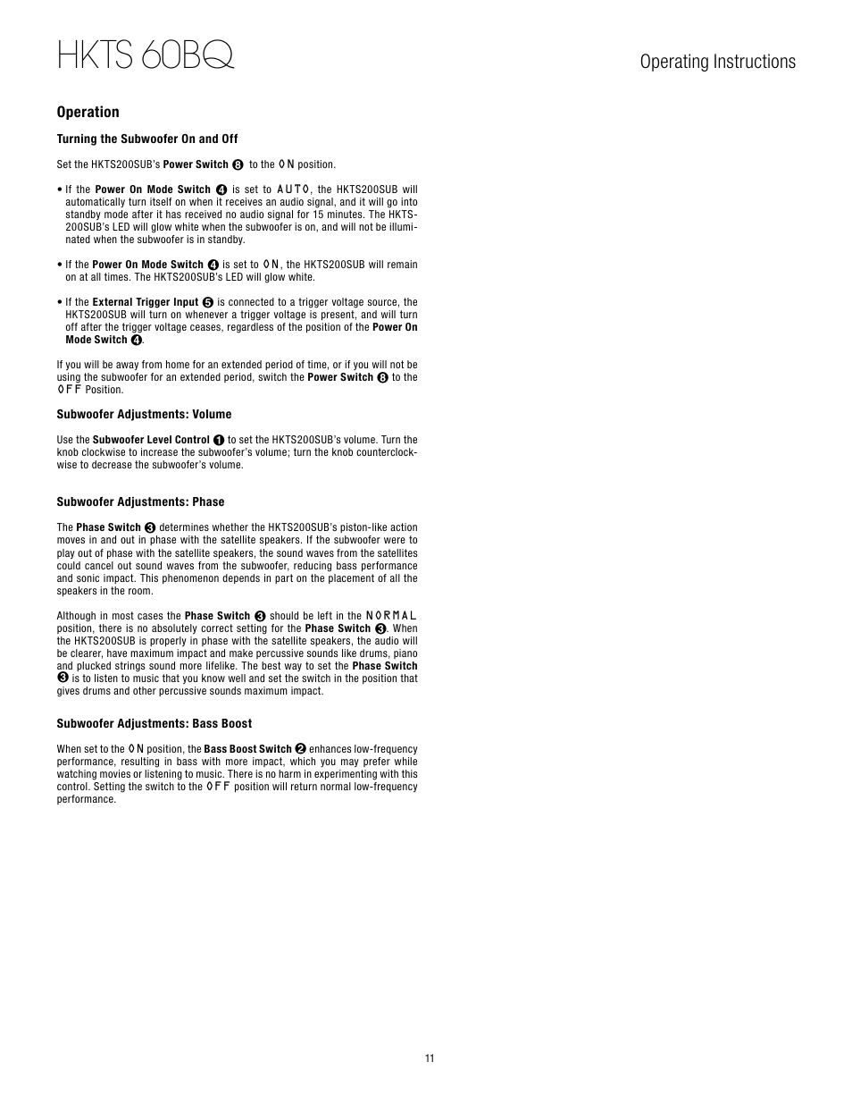 Hkts 60bq, Operating instructions, Operation | Harman-Kardon 60BQ User Manual | Page 11 / 14