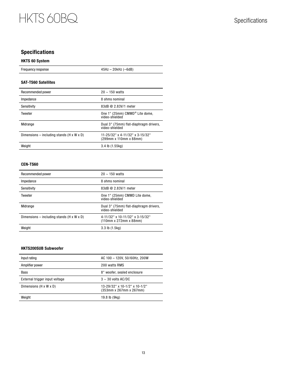 Hkts 60bq, Specifications | Harman-Kardon 60BQ User Manual | Page 13 / 14