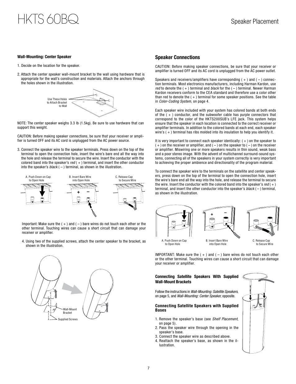 Hkts 60bq, Speaker placement, Speaker connections | Harman-Kardon 60BQ User Manual | Page 7 / 14