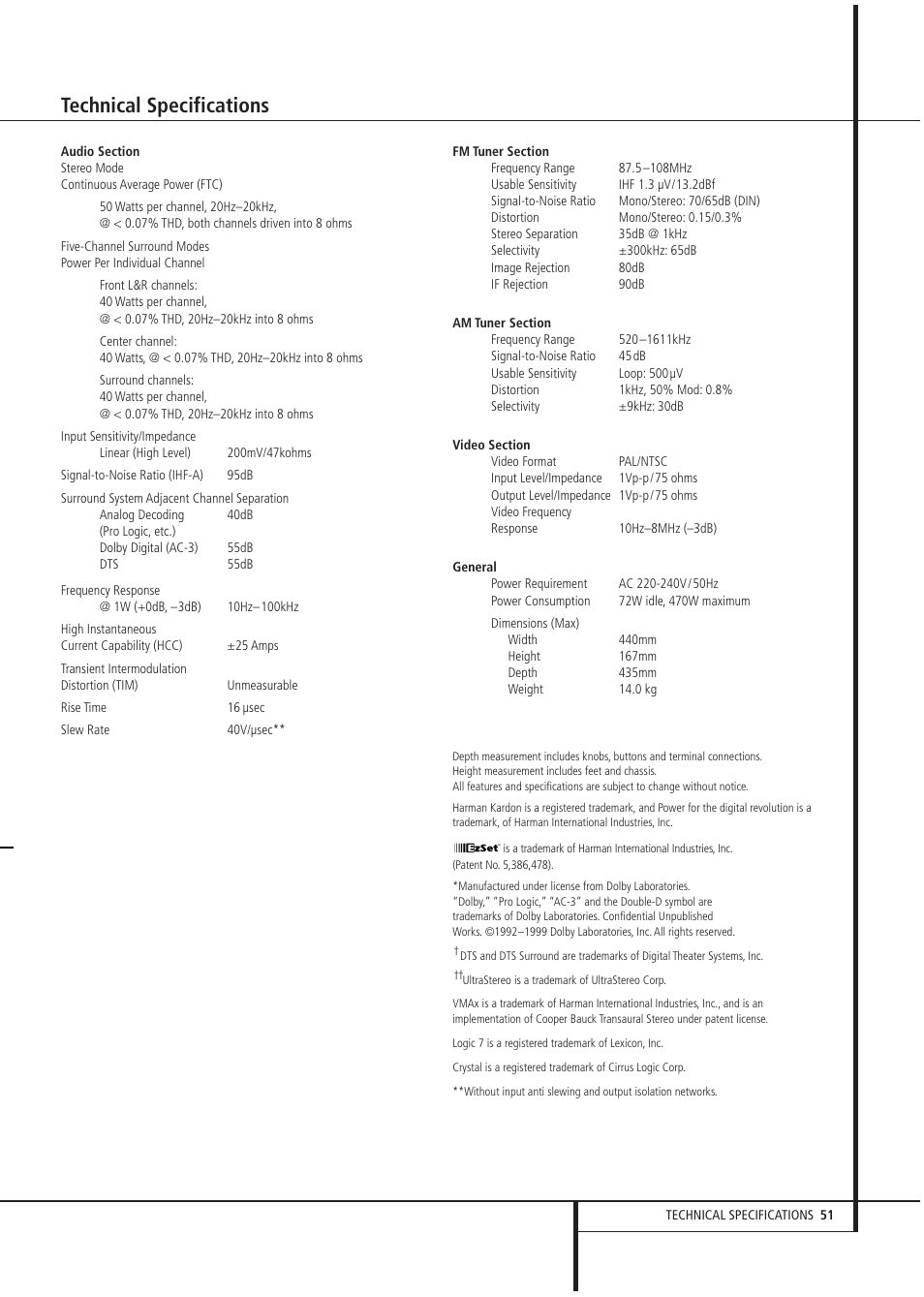 Technical specifications | Harman-Kardon AVR 3000 User Manual | Page 51 / 52