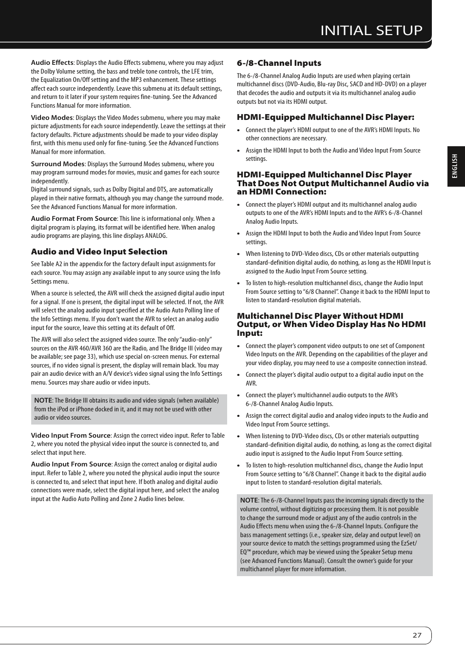 Initial setup | Harman-Kardon AVR360 User Manual | Page 27 / 38