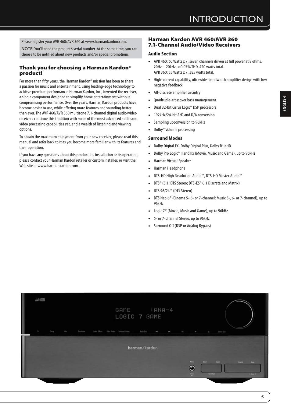 Introduction | Harman-Kardon AVR360 User Manual | Page 5 / 38