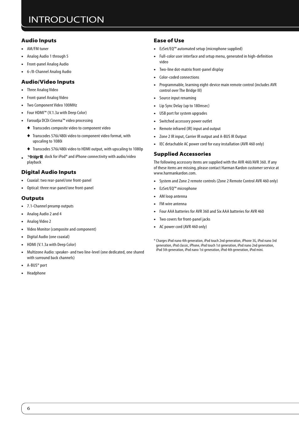 Introduction | Harman-Kardon AVR360 User Manual | Page 6 / 38