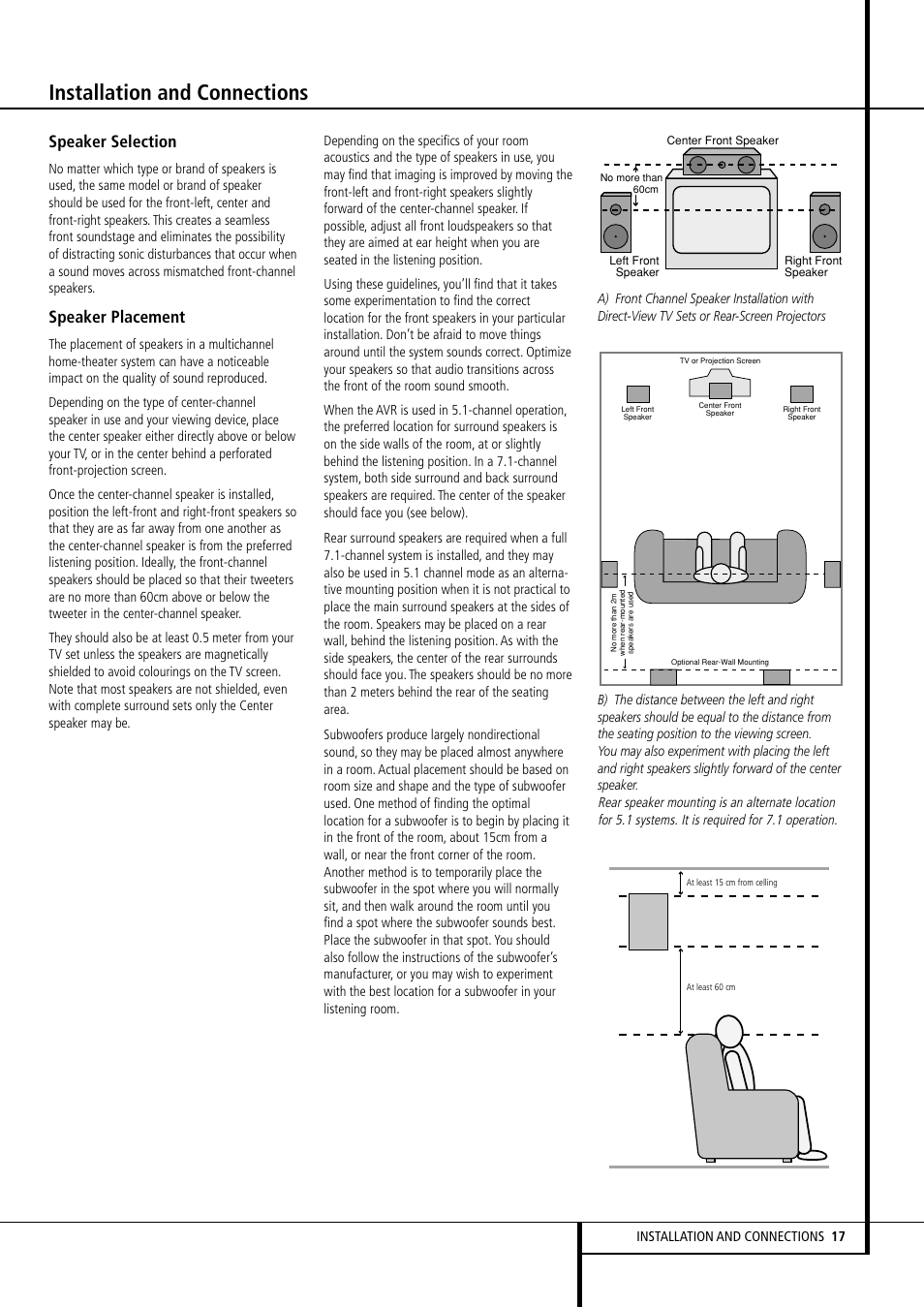 Installation and connections, Speaker selection, Speaker placement | Harman-Kardon AVR507 User Manual | Page 17 / 48