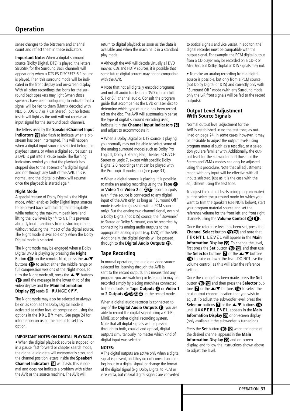 Operation, Tape recording, Output level adjustment with source signals | Harman-Kardon AVR507 User Manual | Page 33 / 48