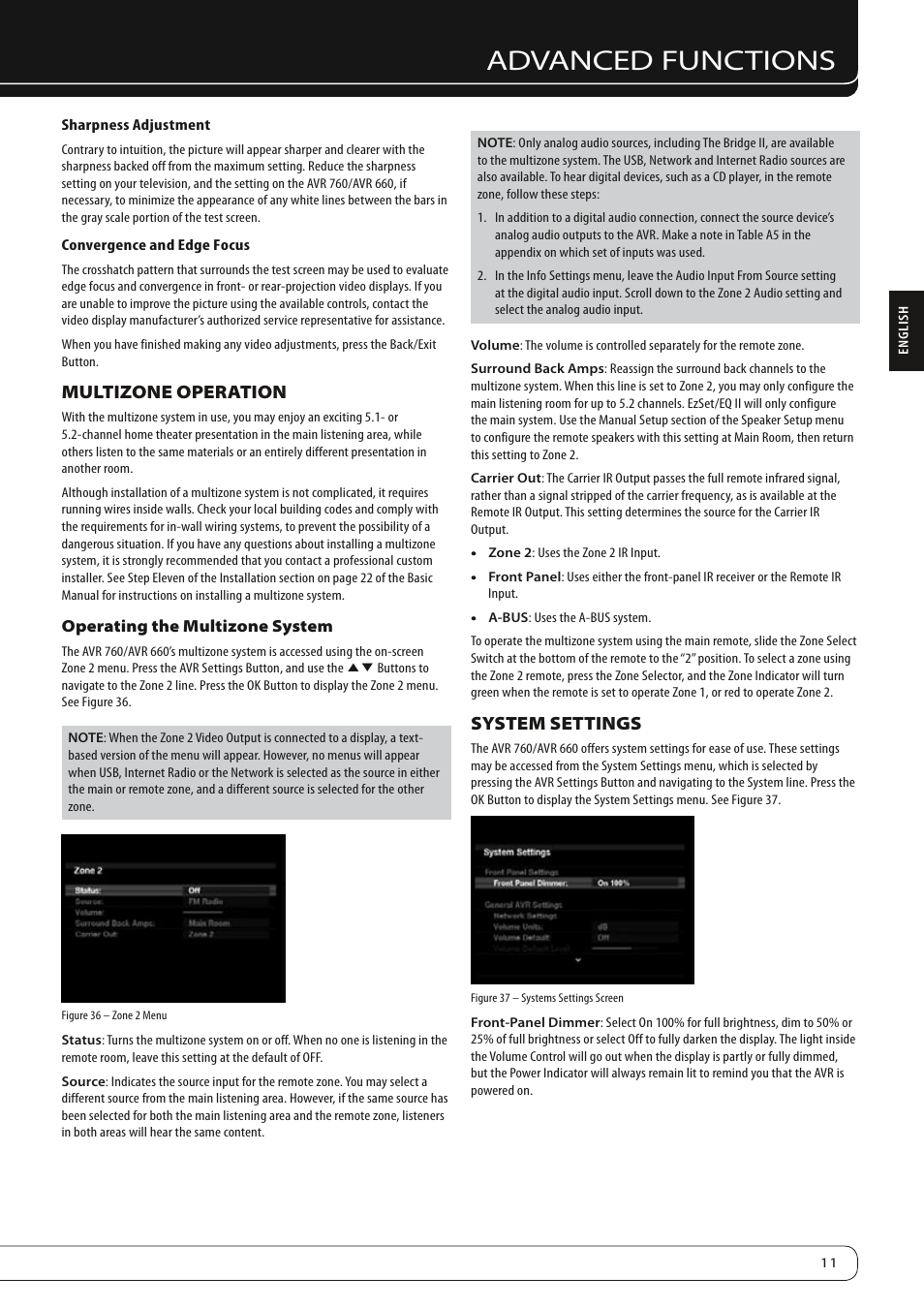 Advanced functions, Multizone operation, System settings | Harman-Kardon AVR 760 User Manual | Page 11 / 28