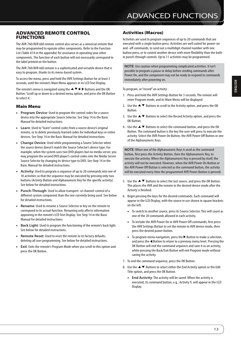 Advanced functions, Advanced remote control functions | Harman-Kardon AVR 760 User Manual | Page 13 / 28