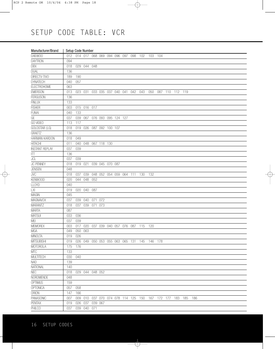 Setup code table: vcr | Harman-Kardon RCP 2 User Manual | Page 16 / 24